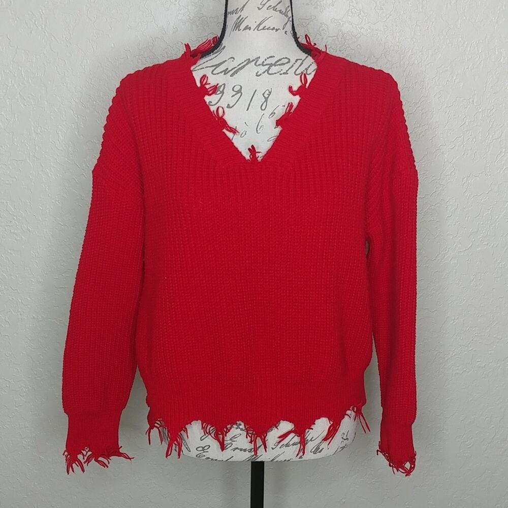 Lovely Wholesale Red Sweater with Fringe Detail